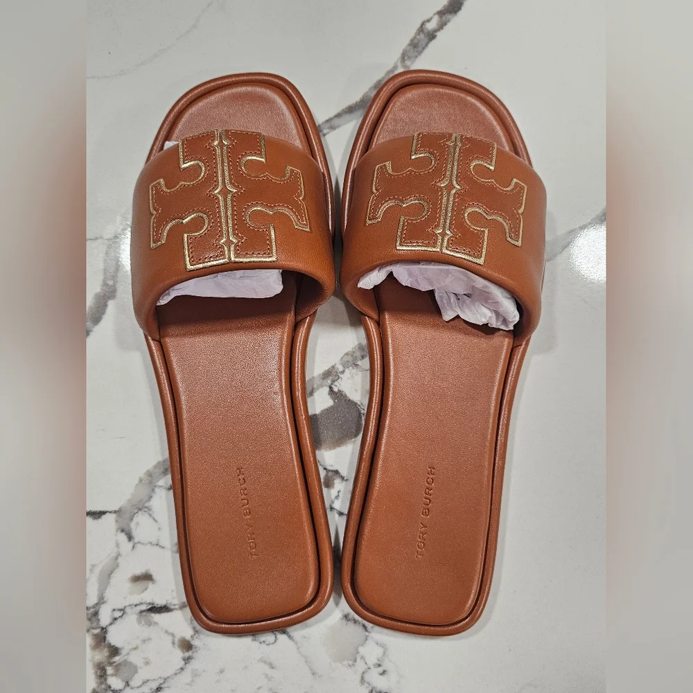 Tory Burch Women's Double T Sport Slides Bourbon Miele Gold Size 9 New - Picture 4 of 9